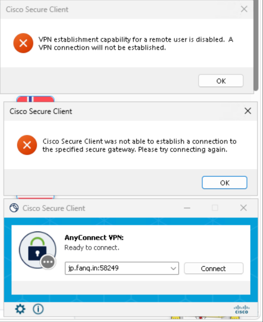 思科用戶端跳出的兩條報錯:remote user is disabled 與無法連線到安全閘道