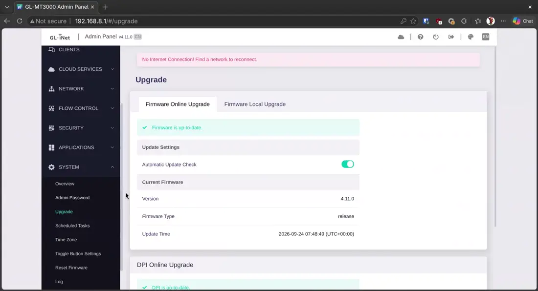 In the left menu, open System, then Upgrade.