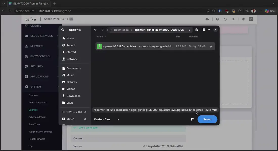Switch to Firmware Local Upgrade, click the upload area, and pick the firmware file you extracted.