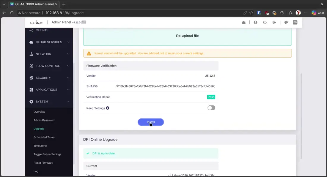 After verification passes, make sure Keep Settings is switched off, then click Install.