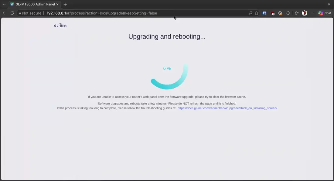 The router upgrades and restarts by itself. Wait two to three minutes and keep it powered on.