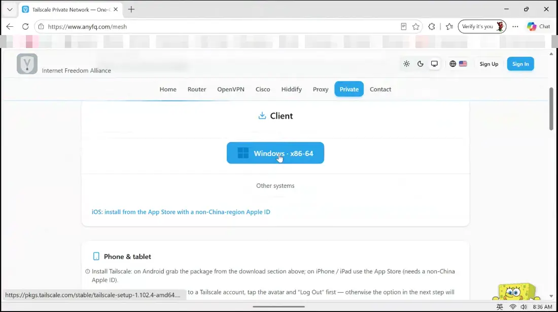 Under Client, click Windows to download the installer.