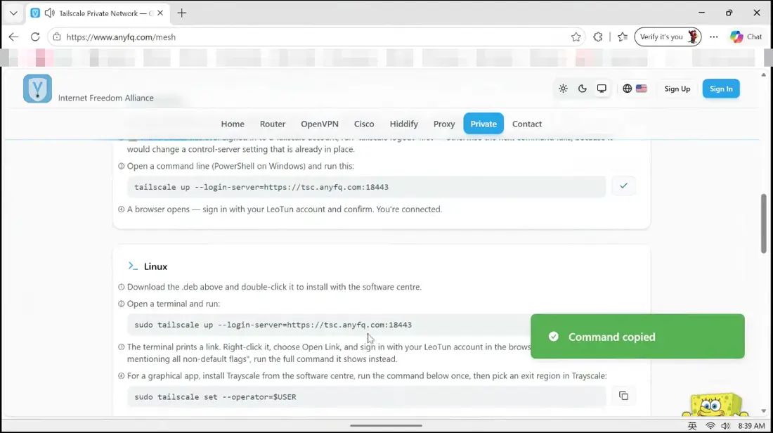Go back to the Private page, scroll down to the Windows steps, and copy the command.