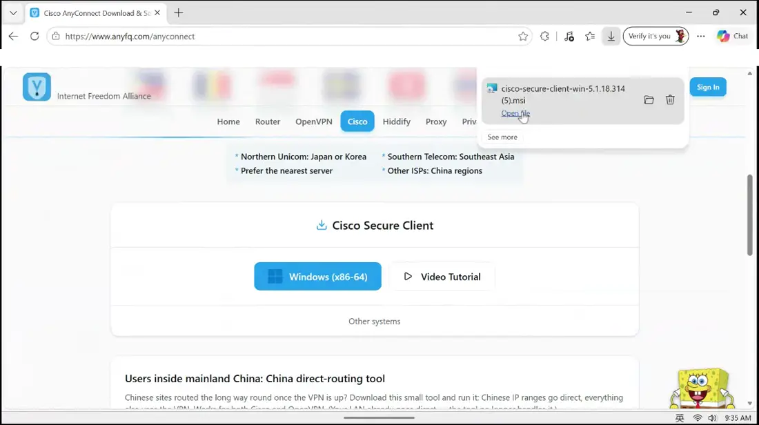 Scroll down to Cisco Secure Client and click the Windows button to download the installer.