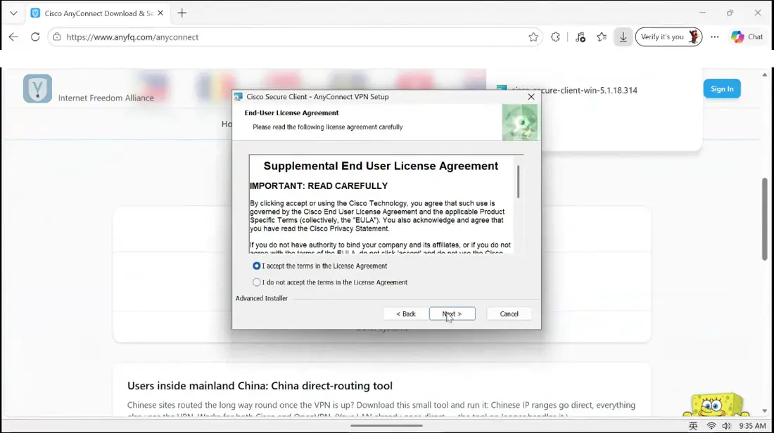 Open the downloaded installer, accept the license, and click Next to start installing.