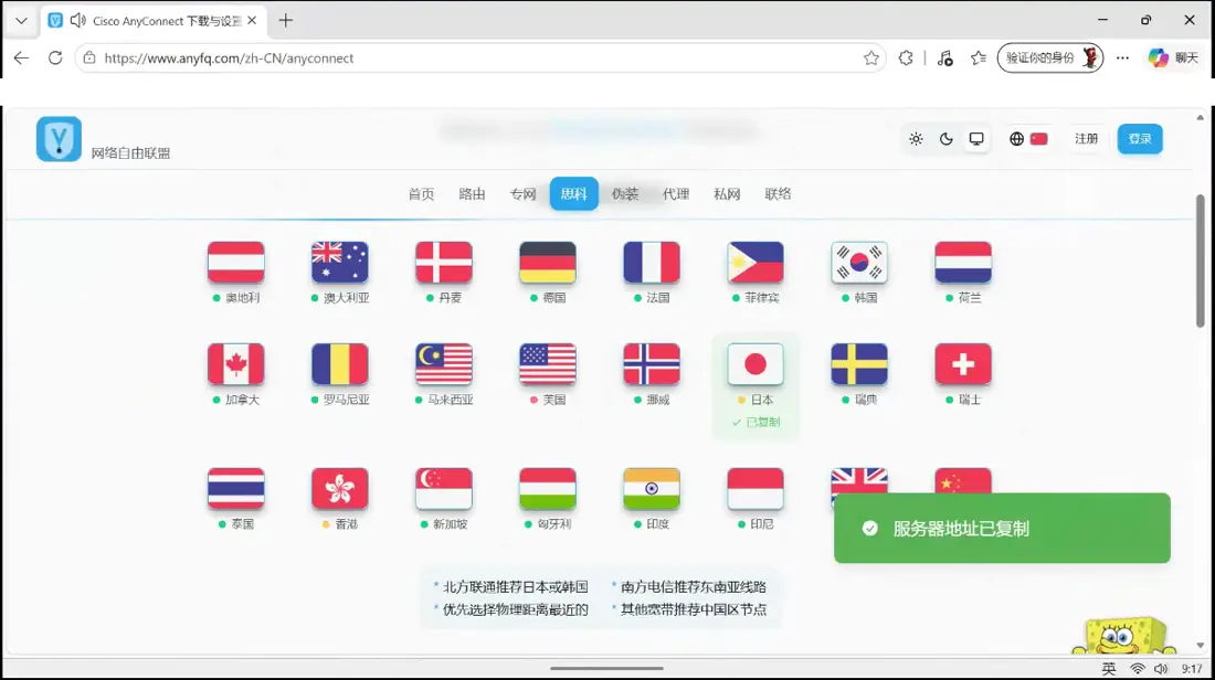 客户端打开后，回到网站，点你想用的地区的国旗，服务器地址会自动复制。